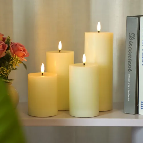 Miniatura 6 de Lezonic Velas LED de color marfil sin llama con temporizador remoto, paquete de 4 velas parpadeantes, diseño de grasa, pilar de cera real
