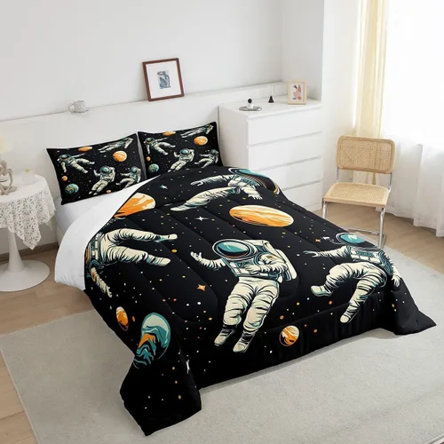 Miniatura 4 de Manfei Juego de edredón de astronauta de dibujos animados, tamaño individual, juego de ropa de cama colorido de cielo estrellado galaxia para niños