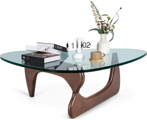 Mesa de café triangular de vidrio moderna, con vidrio transparente vintage y base de madera maciza, mesa auxiliar para sala de estar, oficina, Nogal