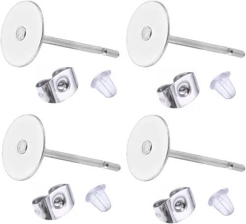 Miniatura 6 de 100 piezas de aretes de acero inoxidable para aretes, almohadillas planas, 100 piezas de aretes de mariposa, 100 unidades de aretes de bala, total
