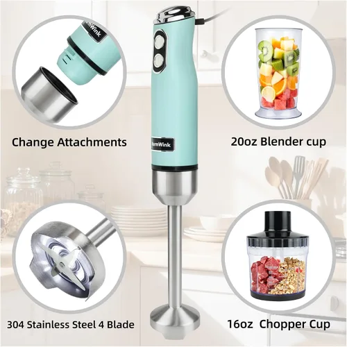 Miniatura 4 de Batidora de mano, potente 4 en 1 600 W con cable de inmersión de mano con accesorio de acero inoxidable, procesador de alimentos pequeño y palo
