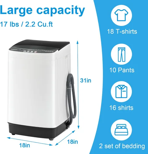 Miniatura 3 de Lavadora portátil de 17 libras con 10 programas de lavado, 2.2 pies cúbicos de lavadora automática completa y giratoria, lavadora giratoria compacta