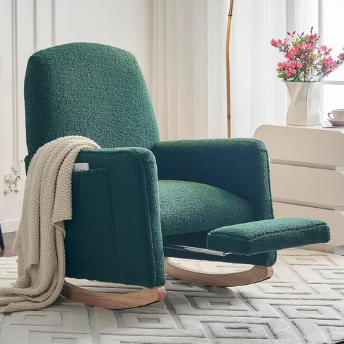 Miniatura 9 de Mecedora moderna para guardería, cómoda silla de guardería con reposapiés, mecedora tapizada con bolsillo, sillón de lectura con base de madera