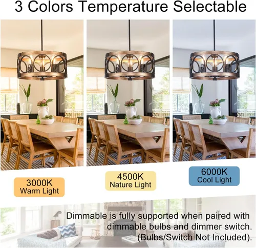 Miniatura 6 de Lámpara de techo para montaje semiempotrado de 3 luces, lámpara de comedor negra de 15.7 pulgadas, lámpara colgante de tambor rústico con acabado