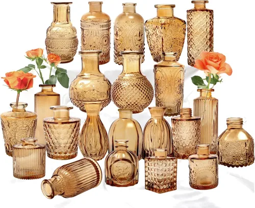 Juego de 22 mini jarrones de cristal ámbar para decoraciones rústicas de boda a granel, centros de mesa, decoración de flores de estilo vintage,