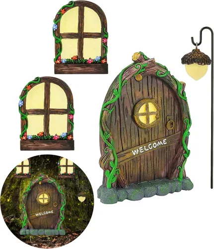Accesorios de jardín de hadas en miniatura: brilla en la oscuridad puerta y ventanas de hadas para árboles, adorno de jardín de resina verde con