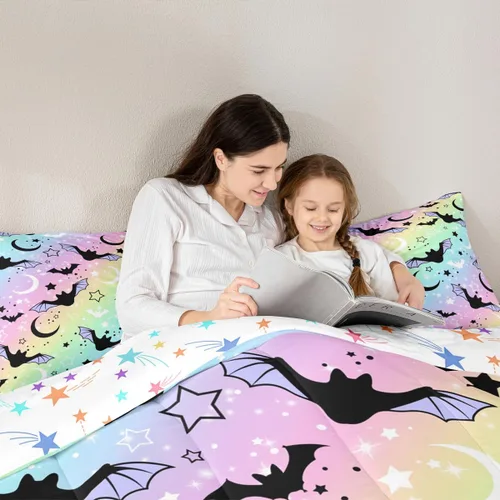 Miniatura 6 de Erosebridal Juego de edredón de murciélago tamaño Queen para niños y niñas, juego de ropa de cama con degradado de arco iris, juego de edredón Multi