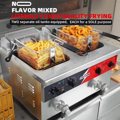 Miniatura 2 de CROSSON Freidora eléctrica de mostrador de doble tanque de 16L con "Swing-up and Hold", válvula de drenaje, tanque de aceite de formación por