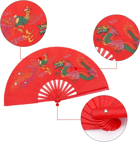 Miniatura 3 de Tbest Ventilador chino rojo, ventilador plegable de mano rojo, ventilador de lucha de artes marciales, danza, dragón de bambú + ventilador de mano