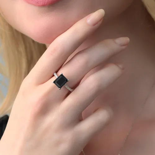 Miniatura 6 de Gem Stone King Anillo de compromiso de plata de ley 925 con ónix negro y zafiro blanco para mujer piedra natal de 339 quilates corte esmeralda