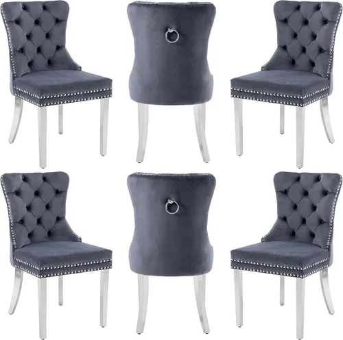 Miniatura 24 de Sillas de Comedor de Terciopelo Juego de 4, Colección Nikki Sillas de Comedor con Patas de Acero Inoxidable Plateado y Anilla, Silla Lateral de Lujo