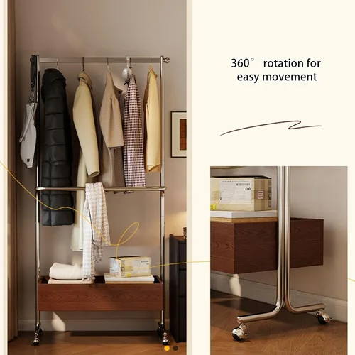 Miniatura 7 de Perchero de metal con ruedas, con estante de almacenamiento de madera, estantes de ropa rodantes para colgar ropa, perchero para dormitorio, Negro