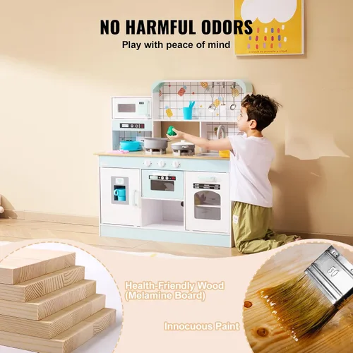 Miniatura 4 de VEVOR Juguete de cocina de madera para niños con luces y sonidos, cocina para niños pequeños con máquina de hielo, horno, fregadero, microondas