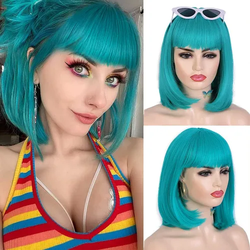 Lady Miranda Peluca verde azulado corta Bob con flequillo para mujer, resistente al calor, peluca sintética turquesa de 12 pulgadas, peluca de