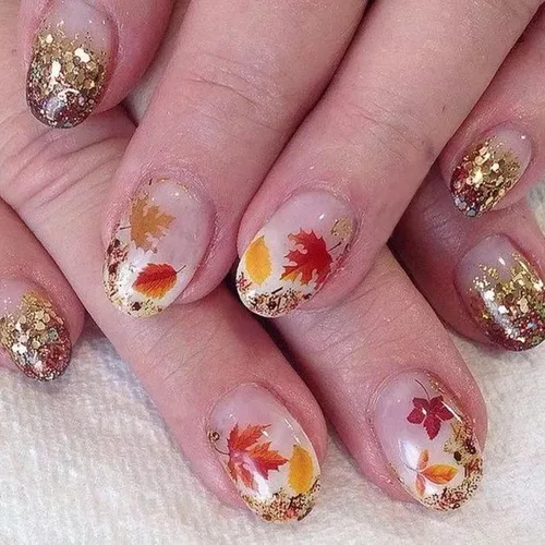 Miniatura 10 de Uñas postizas a presión de otoño, uñas postizas cortas cuadradas de MABKJLF con diseños de hojas de arce, pegamento brillante en uñas, uñas