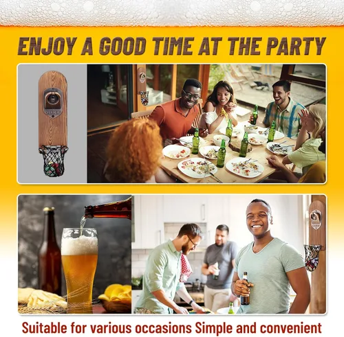 Miniatura 7 de Abrebotellas magnético único con atrapador de red, abridor de botellas de cerveza de madera montado en la pared, sacacorchos sin rastro, accesorios