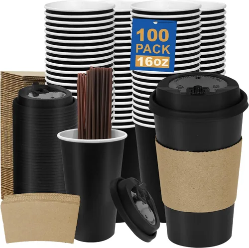 Miniatura 50 de Paquete de 100 tazas de café desechables de pared ondulada corrugada de 16 onzas con tapas y pajitas, tazas aisladas resistentes para bebidas