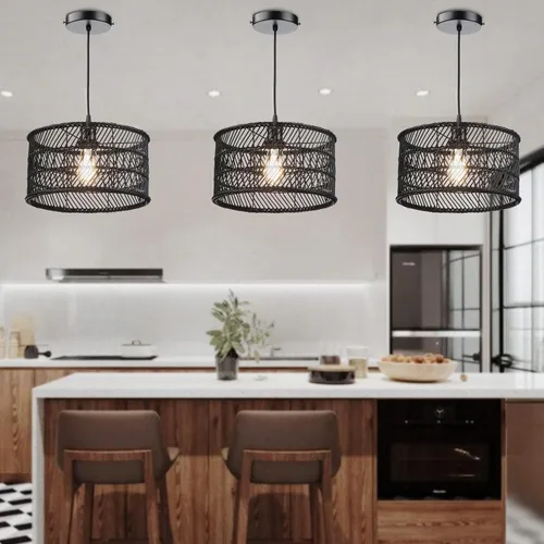 Miniatura 2 de HOONEX Lámpara de araña de ratán, techo de ratán, lámpara colgante de mimbre de 12.4 pulgadas para comedor, dormitorio, isla de cocina, color negro