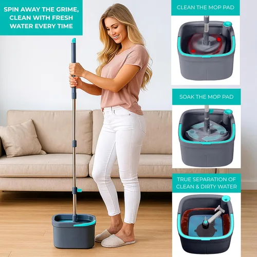 Miniatura 3 de True & Tidy True Clean Sistema de Trapeador Giratorio y Cubo – Diseño de Doble Compartimento para Agua Limpia y Sucia, Cabezal de Trapeador