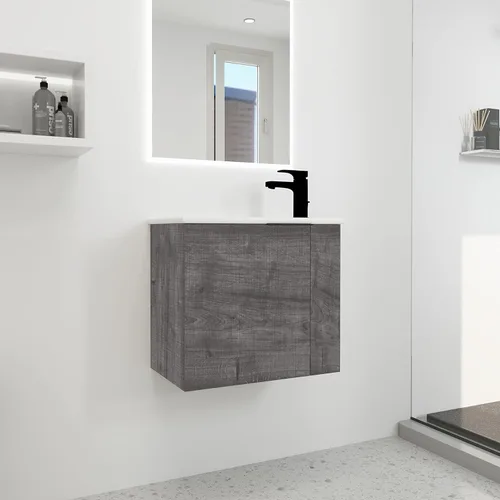 Miniatura 23 de Juego de tocador de baño flotante de 22 pulgadas con lavabo, moderno tocador de baño montado en la pared con lavabo de cerámica y puerta de cierre