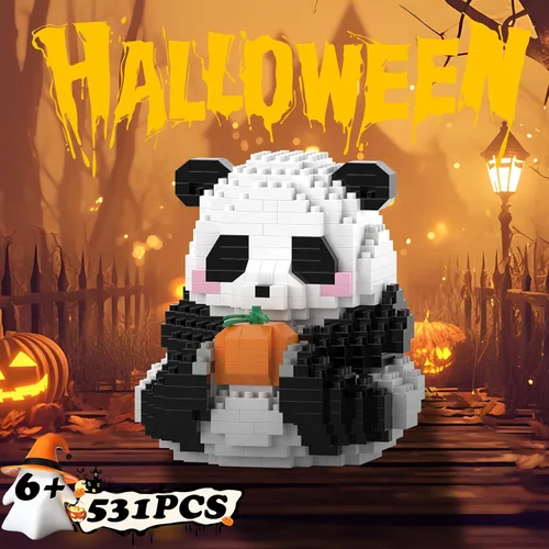 Miniatura 5 de Mini bloques de construcción de Halloween, panda sentado con calabaza, micro bloques de juguete para niños de 6, 7, 8, 9+, juegos de construcción