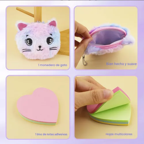 Miniatura 7 de PJDRLLC Diario de gato con cerradura, regalo para niñas de 6, 7 y 8 años, diario secreto con monedero, bolígrafo multicolor, nota post-it