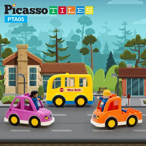 Miniatura 3 de PicassoTiles Juego de figuras magnéticas de 5 piezas para vehículos y figuras de acción, incluyendo autobús escolar, automóvil, camión y 2