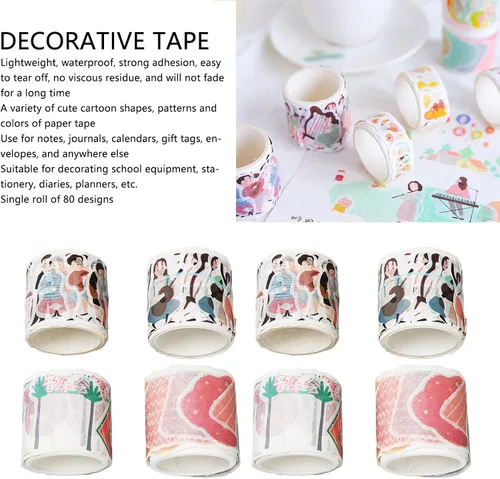 Miniatura 3 de Juego de cintas Washi, 8 rollos de cintas Washi de 1.378 in de ancho, cinta decorativa impresa para conciertos, múltiples formas irregulares