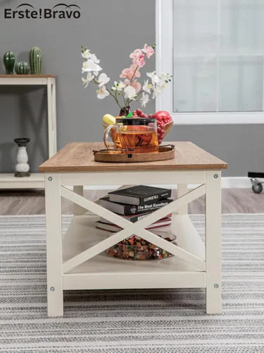 Miniatura 5 de Mesa de centro de granja con almacenamiento, mesa central cuadrada moderna con estante para sala de estar, mesa de cóctel de aspecto de madera