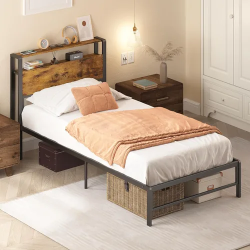 Miniatura 4 de Weehom Marco de cama individual para niños, cama de tamaño individual con estantes de madera de 2 niveles, cabecero debajo de la cama, espacio