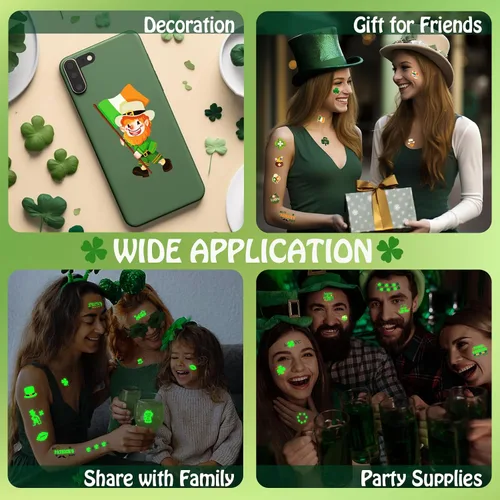 Miniatura 6 de 36 hojas de tatuajes temporales luminosos del día de San Patricio para mujeres, hombres y niños, trébol verde para el día de San Patricio tatuajes