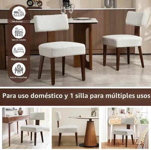 Miniatura 6 de Juego de 4 sillas de comedor, sillas de cocina de tela tapizada en madera, silla acolchada de lino sin brazos con respaldo curvo acentuado