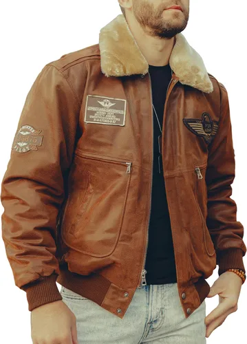 FLAVOR Chaqueta bomber de cuero real para hombre con cuello de piel extraíble Aviator