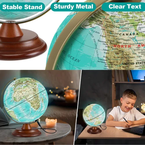 Miniatura 2 de Globo del mundo iluminado con soporte de madera, globo mundial de 8 pulgadas para aprendizaje de niños y adultos, luz nocturna LED incorporada