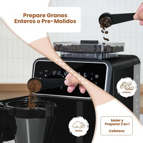 Miniatura 2 de Gevi Cafetera de goteo de 10 tazas con molinillo integrado, máquina de café combinada de moler y preparar rebabas con pantalla táctil, programable