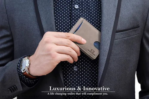 Miniatura 38 de SERMAN BRANDS - Billetera sencilla de cuero genuino con bloqueo RFID para hombre, billetera delgada con bolsillo frontal y clip para dinero