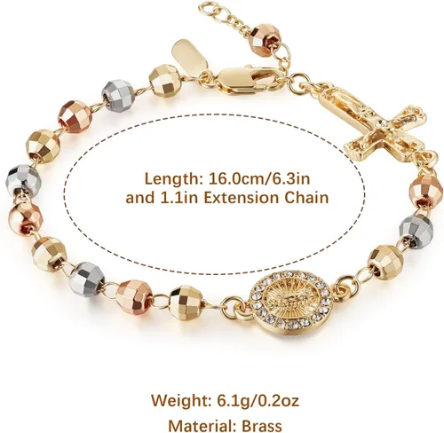 Miniatura 13 de HZMAN Pulsera de cruz con cuentas de rosario virgen de Guadalupe ajustable para mujer, regalo de joyería