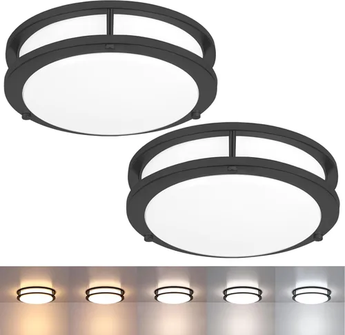 Paquete de 2 Lámparas de Techo Negras, Lámpara de Techo LED de Montaje al Ras de 10 Pulgadas - Luces LED de Baño y Dormitorio Negro Mate