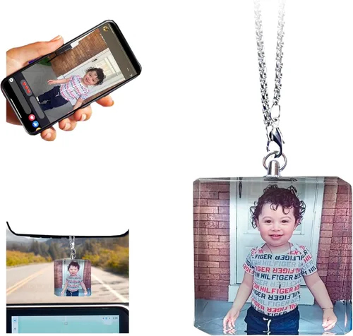Miniatura 14 de Adorno colgante de cristal diáfano personalizado para espejo retrovisor de automóvil con foto, adorno personalizado para automóvil, decoración