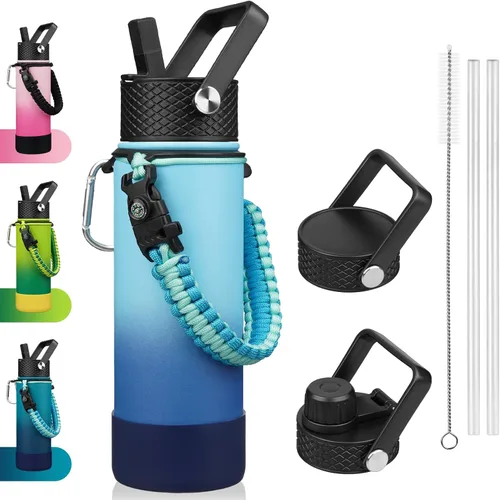 Miniatura 19 de BJPKPK - Botella de agua con tapa de popote, botellas de agua aisladas de 18 onzas con 3 tapas, asa de cuerda de paracaídas y base antideslizante