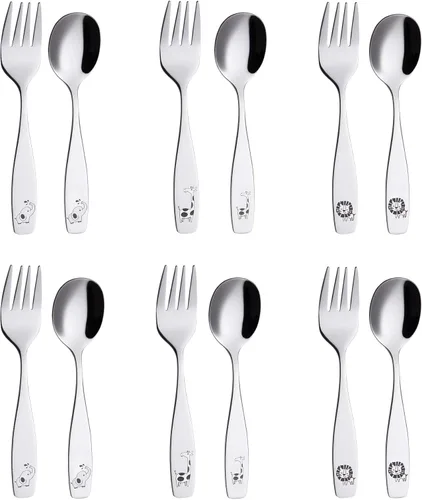 ANNOVA Juego de cubiertos para niños de 12 piezas de acero inoxidable - 6 tenedores para niños, 6 cucharas de cena, utensilios para niños pequeños,