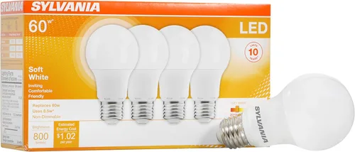 Sylvania Bombilla LED, equivalente a 60 W A19, eficiente 8.5 W, base media, acabado esmerilado, 800 lúmenes, blanco suave, paquete de 4 (73888)
