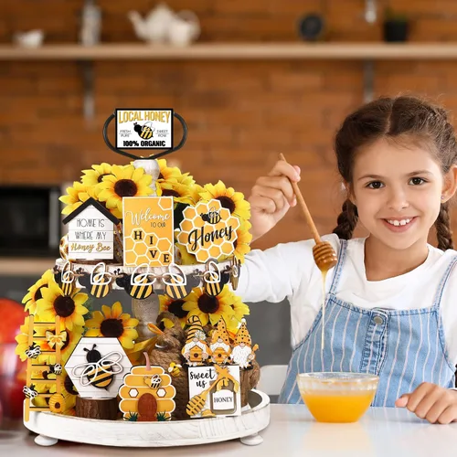 Miniatura 4 de Amyhill Juego de 15 piezas de decoración de bandeja escalonada de abejas de verano, juego de decoración de bandeja escalonada de colmena de abeja
