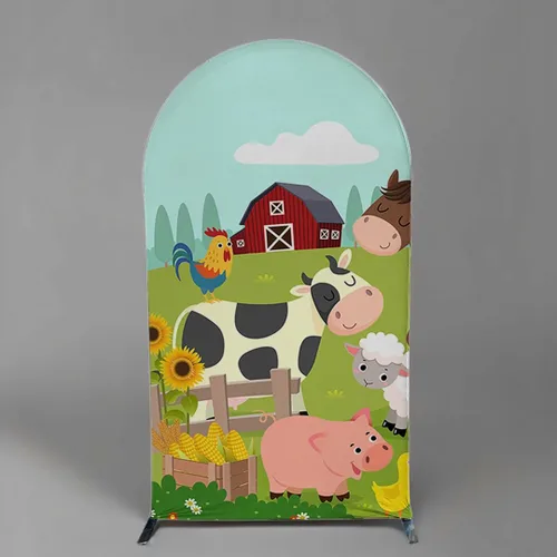 Miniatura 9 de HUAYI Cubierta de fondo de arco de granjero rojo de dibujos animados para fiestas de granja para niños, decoraciones de fondo de Chiara, cubiertas