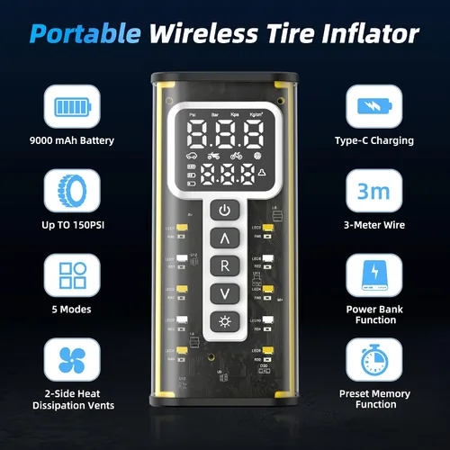 Miniatura 4 de Inflador de neumáticos, 150 PSI, compresor de aire de batería de 9000 mAh, bomba de neumáticos de automóvil, bomba de aire para neumáticos