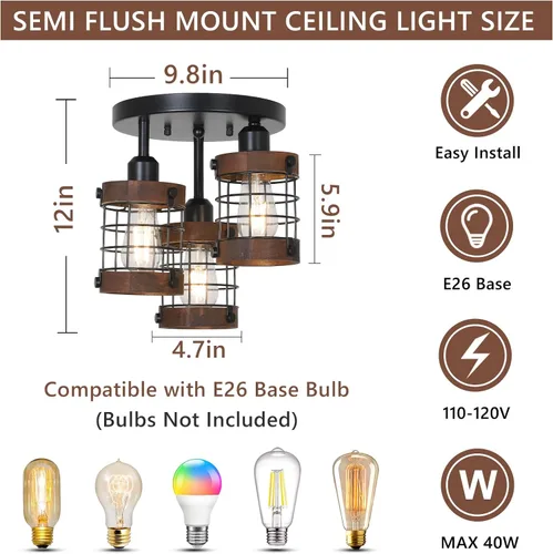 Miniatura 5 de PAUFUL Lámpara de techo semiempotrada, lámpara de araña de granja de 3 luces para montaje en techo, lámparas negras para pasillo con pantalla