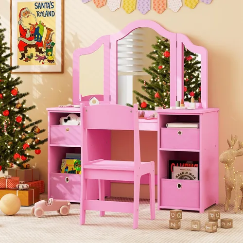 Costzon Tocador para Niños, Juego de Escritorio y Silla de Maquillaje de Princesa 2 en 1 con Espejo Tri-Plegable, 4 Cubos de Almacenamiento, Mesa