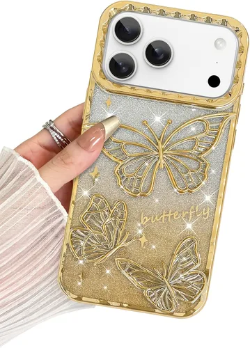 Miniatura 9 de BITOBE Diseñada para iPhone 15 Pro Max, bonita funda de mariposa 3D chapada en purpurina delgada para mujeres y niñas, protección de cámara, Negro