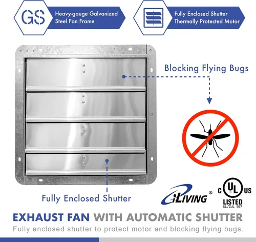Miniatura 3 de iLIVING Ventilador Extractor de Persiana Montado en la Pared de 16 pulgadas, Persiana Automática, con Termostato y Controlador de Velocidad
