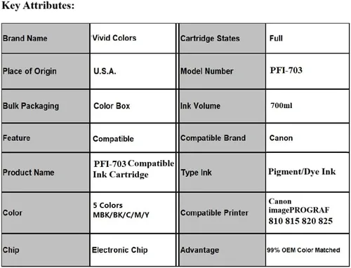 Miniatura 4 de Vivid Colors Cartucho de tinta compatible de repuesto para Canon PFI-703 PFI-703Y 2966B003AA (amarillo) para uso Canon iPF810, iPF815, iPF820